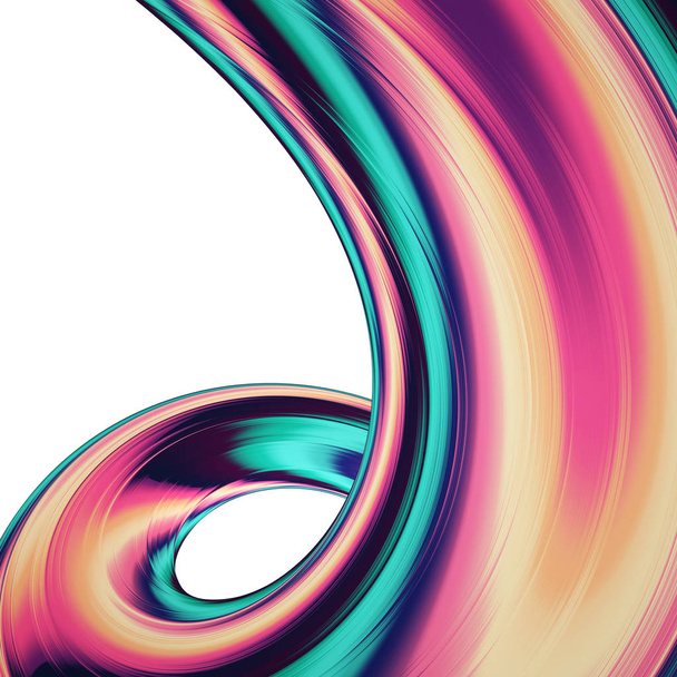3D render abstract background. Colorful 90s style twisted shapes in motion. Iridescent digital art for poster, banner background, design element. Holographic isolated foil ribbon on white background. - Photo, Image