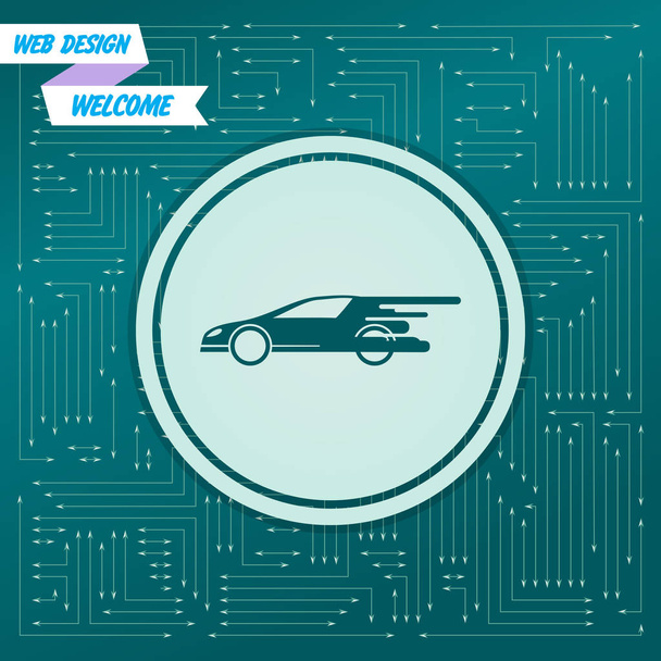 Super Car icon on a green background, with arrows in different directions. It appears  the electronic board. Vector - Vector, Image
