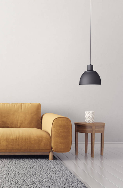 modern living room  with yellow sofa. scandinavian interior design furniture. 3d render illustration - Foto, afbeelding