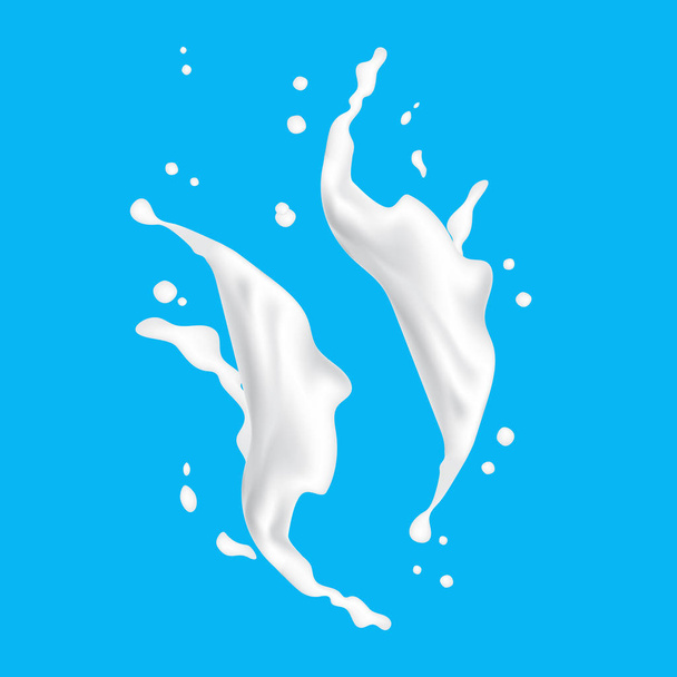 3D Splash mleka spada na niebieskim tle. Śmietana jogurt Splashin - Wektor, obraz