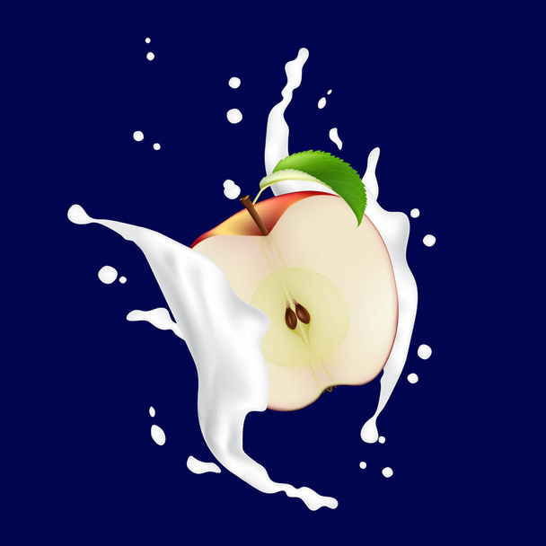 Red gesneden halve appel In een scheutje melk yoghurt. Apple daalt In - Vector, afbeelding