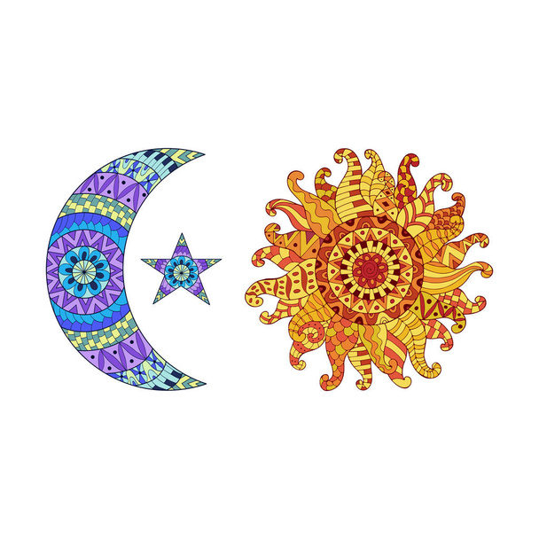 Zentangle 太陽、月、星、ベクトル記号. - ベクター画像