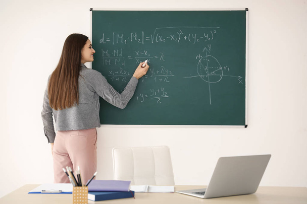 Young female teacher writing on blackboard in classroom - Fotografie, Obrázek