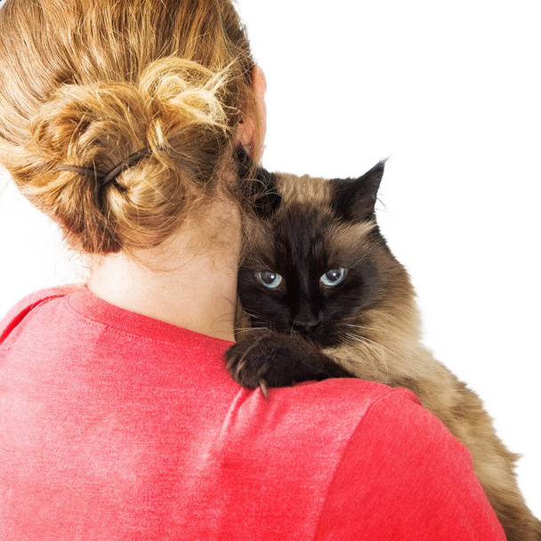 Cat looking over the shoulder of a woman that is carrying it in her arms - 写真・画像