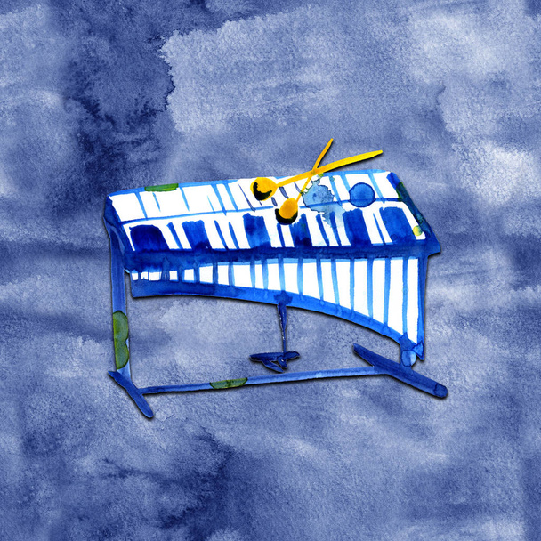 akvarelu náčrt xylofon na modrém pozadí - Fotografie, Obrázek