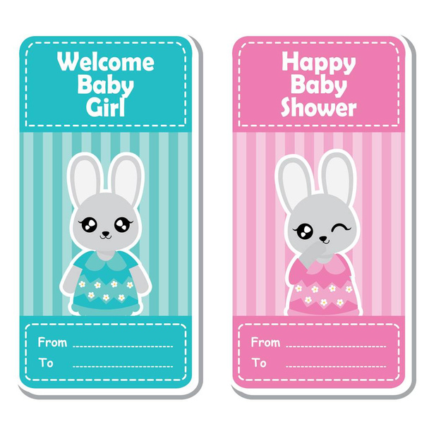 Διάνυσμα καρτούν εικονογράφηση με χαριτωμένο κορίτσι λαγουδάκι με μπλε και ροζ στο ριγέ φόντο κατάλληλο για το μωρό ντους σχεδιασμού ετικέτας, banner σύνολο και πρόσκληση κάρτα - Διάνυσμα, εικόνα