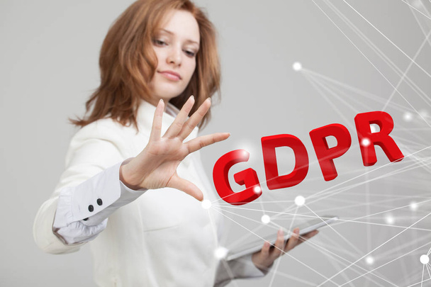 GDPR concept image. General Data Protection Regulation, the protection of personal data. Young woman working with information. - Фото, зображення