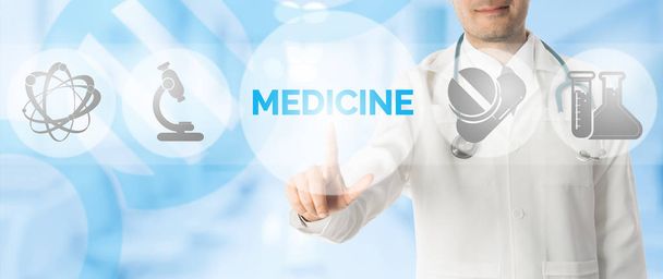 Doctor Points at MEDICINE with Medical Icons - Fotoğraf, Görsel