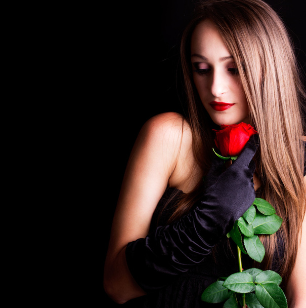Beautiful girl with red rose - Fotoğraf, Görsel