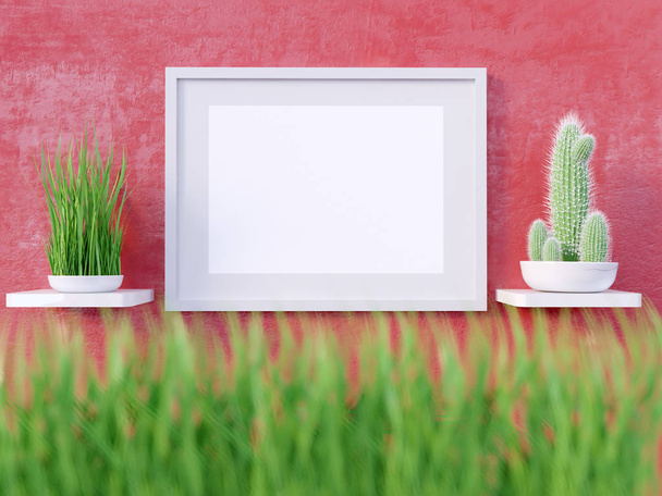 Layout poster frame, front view, with decor elements, flowers and empty space on a red background. 3d illustration - Zdjęcie, obraz