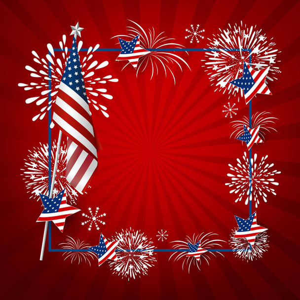 USA background design of america flag and fireworks with line frame vector illustration - Vector, Image