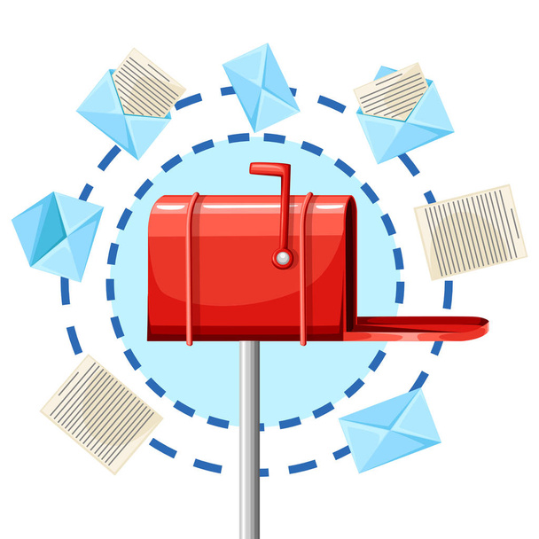 Červená poštovní schránka. Kruh z písmen. E-mailová koncepce v karikatuře stylu. Vektorové ilustrace na bílém pozadí. Webové stránky a mobilní aplikace design - Vektor, obrázek