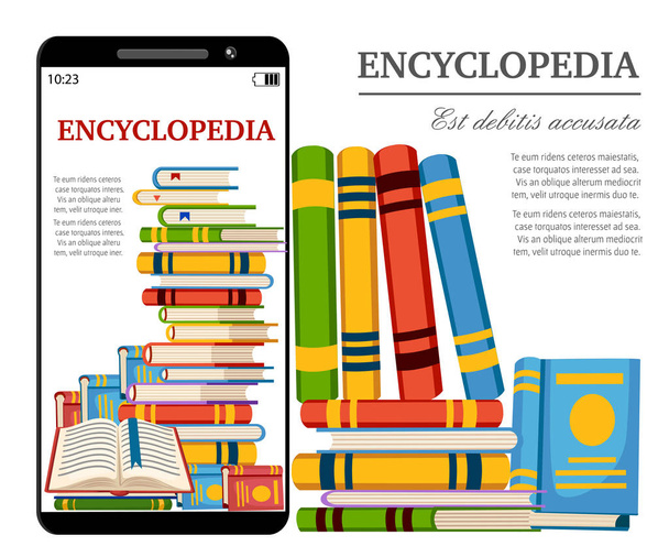 デジタル書籍スマート フォン。オンライン ライブラリの概念。Web で読む百科事典。漫画スタイルのデザイン。白い背景のウェブサイトのページとモバイル アプリの設計に分離されたベクトル図 - ベクター画像
