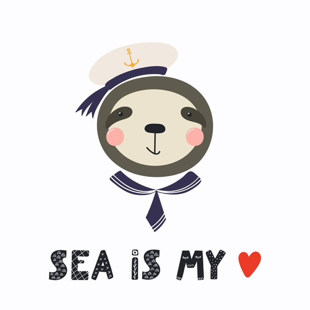 ručně kreslenou ve skandinávském stylu cute funny lenost námořníka v čepici a límce s nápisem nabídku moře je mé srdce, koncept pro děti tisk, vektor, ilustrace - Vektor, obrázek