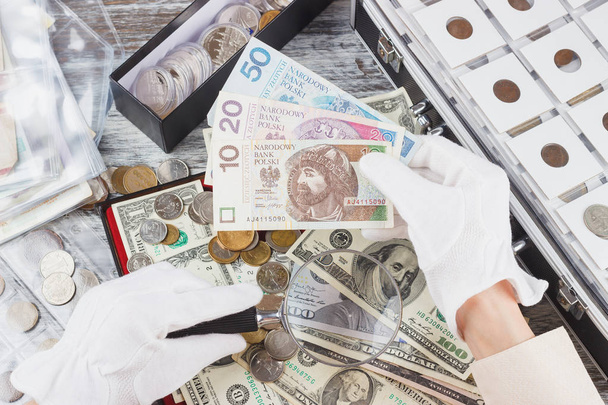 Hands in the white gloves with a magnifying glass and Polish Zloty - Photo, Image