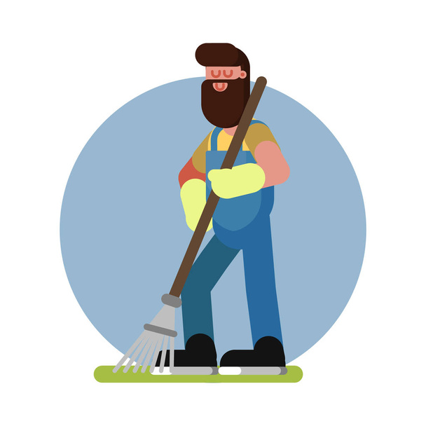 Man cleans in the garden with a rake - Vektör, Görsel