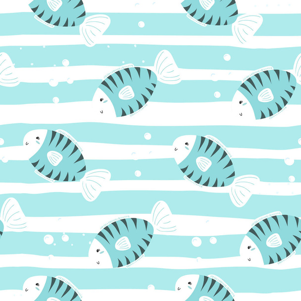 Cute hand drawn fish under water. vector pattern - Vetor, Imagem