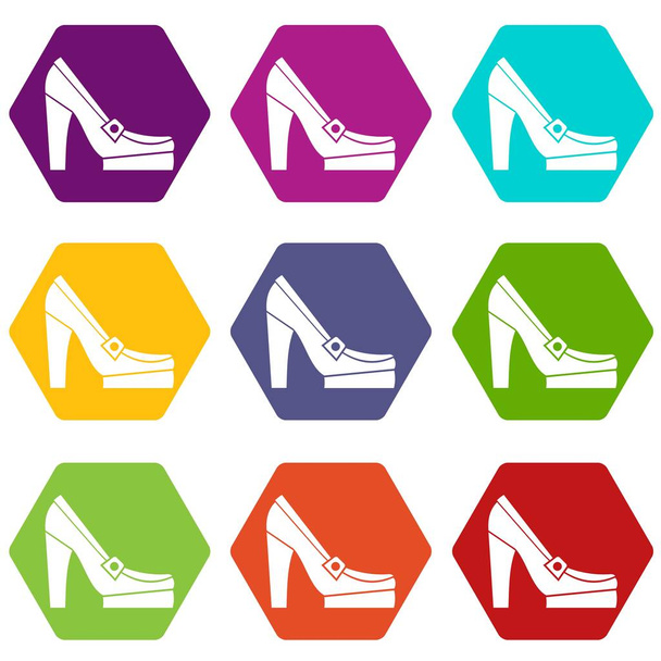 Women shoes on platform icon set color hexahedron - Vektör, Görsel