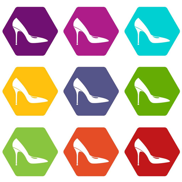 Women shoe with high heels icon set color hexahedron - Vektör, Görsel