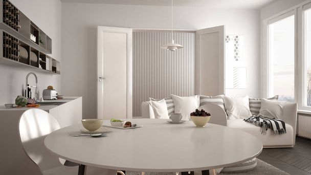 モダンな北欧キッチン リビング ルーム、ソファ、大きな窓、白い建築インテリア デザイン健康的な甘い朝食 - 写真・画像