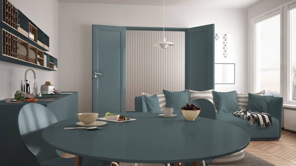 Egészséges reggeli édes modern skandináv konyha nappali, kanapé és a nagy ablak, fehér és kék építészet-belsőépítészet - Fotó, kép