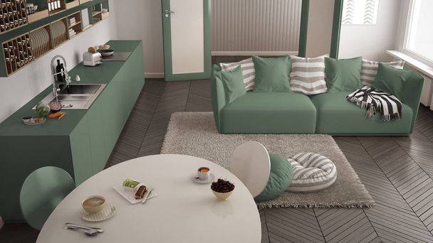 Sağlıklı tatlı kahvaltı modern İskandinav mutfak oturma odası, koltuk ve büyük pencere, üstten görünüm, beyaz ve yeşil mimari iç tasarım - Fotoğraf, Görsel