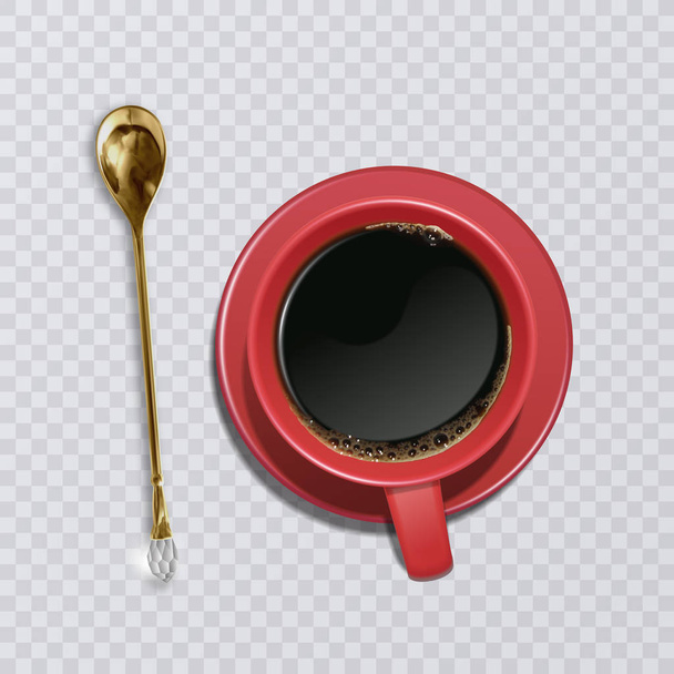 Realistické šálek kávy se lžičkou zlatá, oranžová poháru, pohled shora. Vektorové ilustrace - Vektor, obrázek