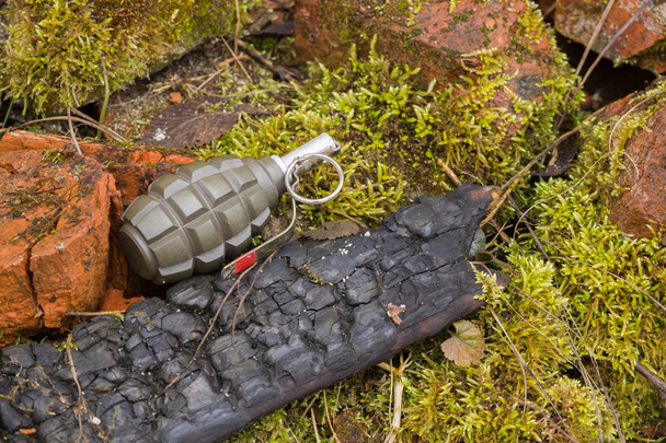 Grenade à main posée sur un mur de briques
 - Photo, image