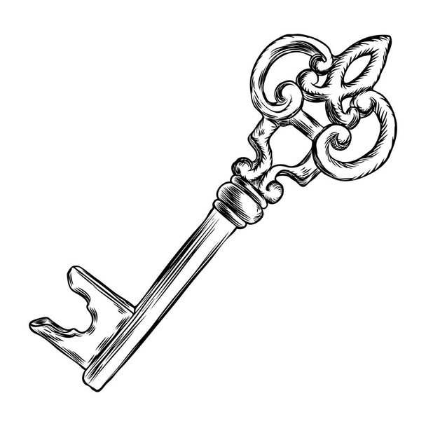 Hand drawn antique key. Sketch style of vintage key on white bac - Vetor, Imagem