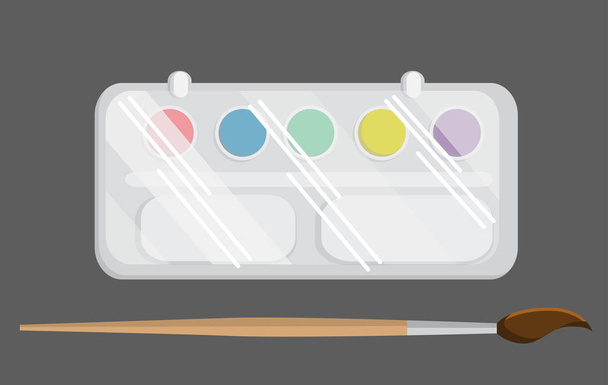 Watercolors and paintbrush. Back to school vector illustration.Color combinations. Flat design. Flat paints with a brush isolated on a gray background. - Vector, Image