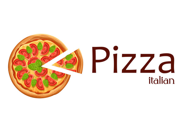 Pizzaa viipaleella. Margherita pizza tomaatti, juusto, ja oregano. Juliste suunnittelu, ravintola, kahvila, pizzeria. Vektori kuva eristetty paikka tekstin valkoisella taustalla
 - Vektori, kuva