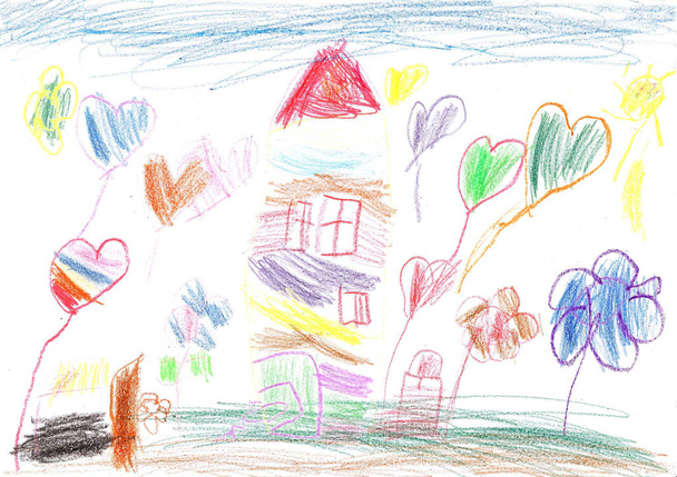 Kind tekening van een huis - Foto, afbeelding