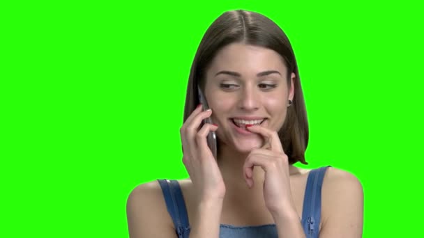 Close up brunette girl portrait, talking on phone. - Footage, Video