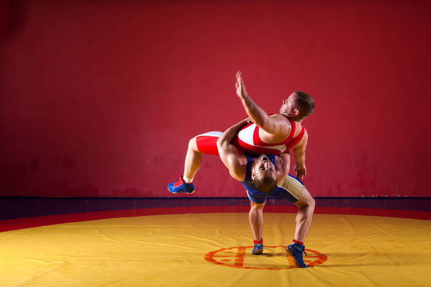 Dois lutadores fortes em meias azuis e vermelhas estão lutando e fazendo um lançamento de quadril em um tapete de luta amarela no ginásio. Jovem fazendo garra
. - Foto, Imagem