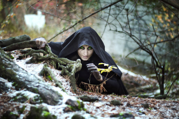 Bajki dla Halloween, Dziewczyna z kijem ram czaszka dziewczynka w czarny płaszcz z straszne Grimm, ciemny obraz - Zdjęcie, obraz