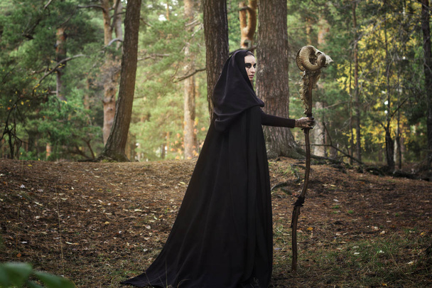 ハロウィーンは、恐ろしいグリム、暗いイメージで黒マントの少女が頭蓋骨を ram の棒で少女の物語 - 写真・画像