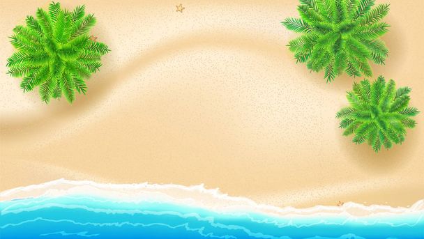 tropische Landschaft mit blauem Meer, Seesternen und Goldsand, Draufsicht. Plakatgestaltung der Sommerferien. Präsentationsvorlage für Reisebüro. Palmen am Meeresufer, 3D-Illustration - Vektor, Bild