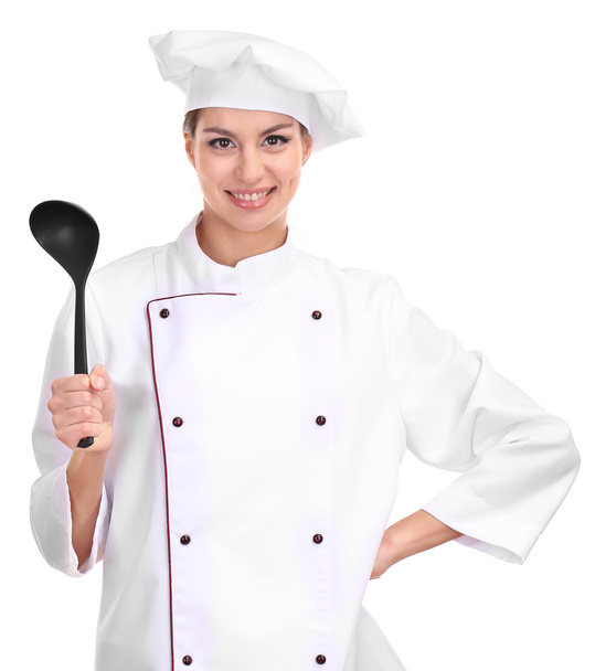 Portrait of young woman chef with ladle isolated on white - Fotó, kép