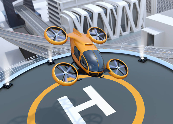 Naranja auto-conducción de pasajeros drone despegue y aterrizaje en el helipuerto. Imagen de renderizado 3D
. - Foto, Imagen