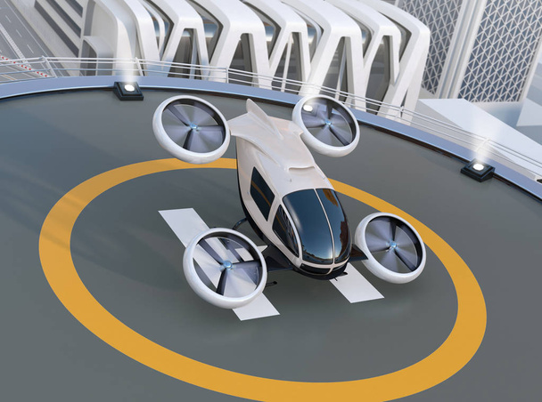 Drone branco de passageiros auto-condução decolagem e aterrissagem no heliporto. Imagem de renderização 3D
. - Foto, Imagem