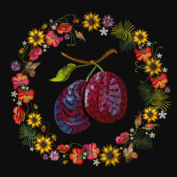 Embroidery plum wreath of flowers. Classical embroidery - Vector, Image