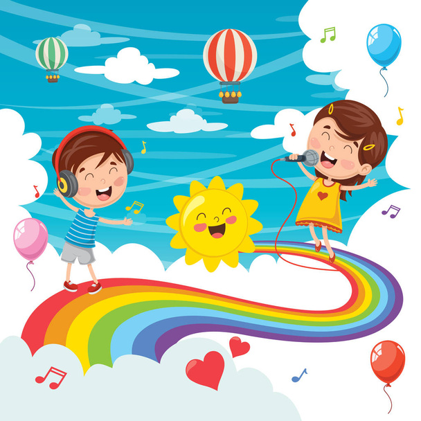 Vector Illustration Of Kids Jumping On Rainbow - Vector, Image