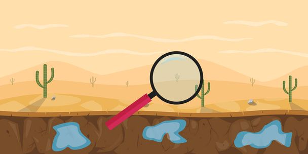 Αναζήτηση ή να βρουν νερό στην έρημο με μεγεθυντικό φακό - Διάνυσμα, εικόνα