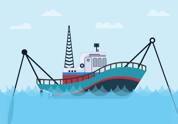 rybářské lodi na moře s modrý oceán a ploché styl vektorové grafické ilustrace - Vektor, obrázek