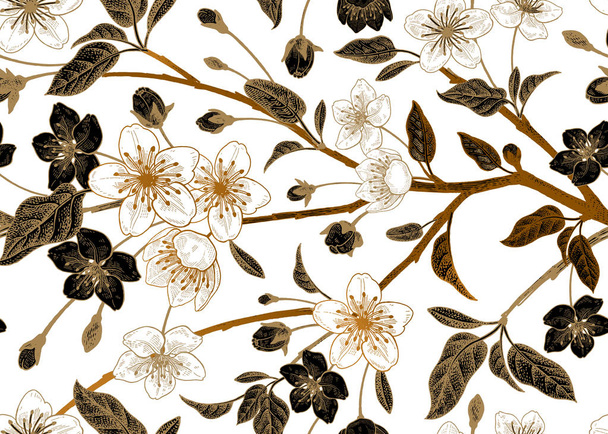 Floral vintage seamless pattern with Japanese cherry. - Вектор,изображение