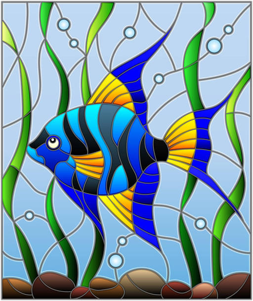 Εικονογράφηση στο λεκιασμένο γυαλί στυλ μπλε ψάρια ανυσμάτων στο φόντο του νερού και φύκια - Διάνυσμα, εικόνα