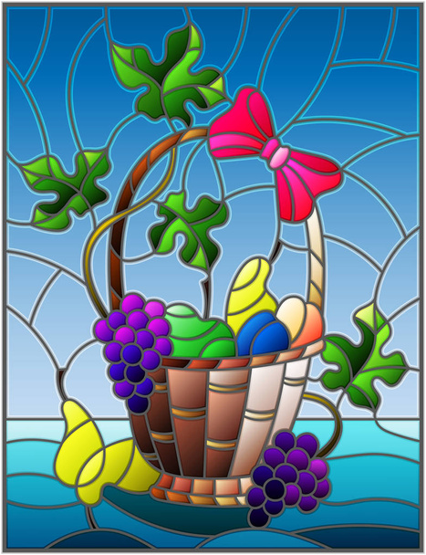 La ilustración en pintura de estilo vidriera con una naturaleza muerta, cesta de frutas y frutas sobre un fondo azul
 - Vector, imagen
