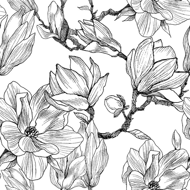 Ink, pencil, the leaves and flowers of Magnolia. Seamless pattern background. Hand drawn nature painting. Freehand sketching illustration - Vector, imagen