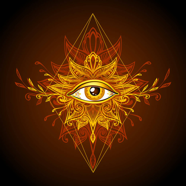Abstrakti symboli All-seeing Eye Boho Intian etninen tyyli keltainen kullanruskea koristeluun T-paita. Taikaokkultismin esoteerinen käsite. Tietokonepelit elementti
  - Vektori, kuva
