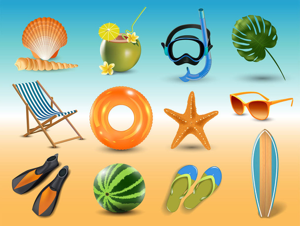 vectorillustratie van realistische zomer vakantie aan zee strand pictogrammen instellen geïsoleerd op zee achtergrond - Vector, afbeelding